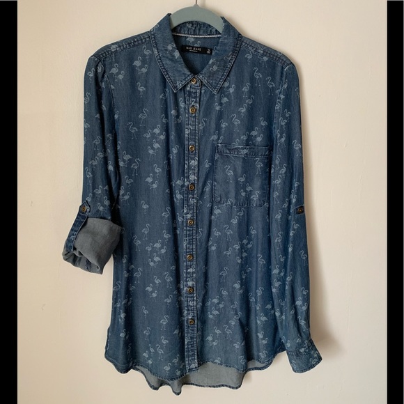 Max Jeans Tops - Bird Print Denim Button Down Shirt